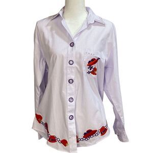 Hot Dames Belle Red Hat Society Purple Pinstripe Embroidered Blouse Womens Sz M 